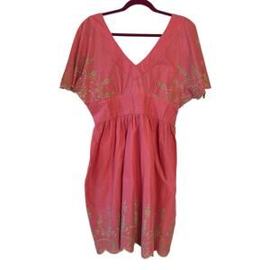 Inner Child Coral Boho Peasant Mini Dress Lime Green Floral Embroidery Womens XL